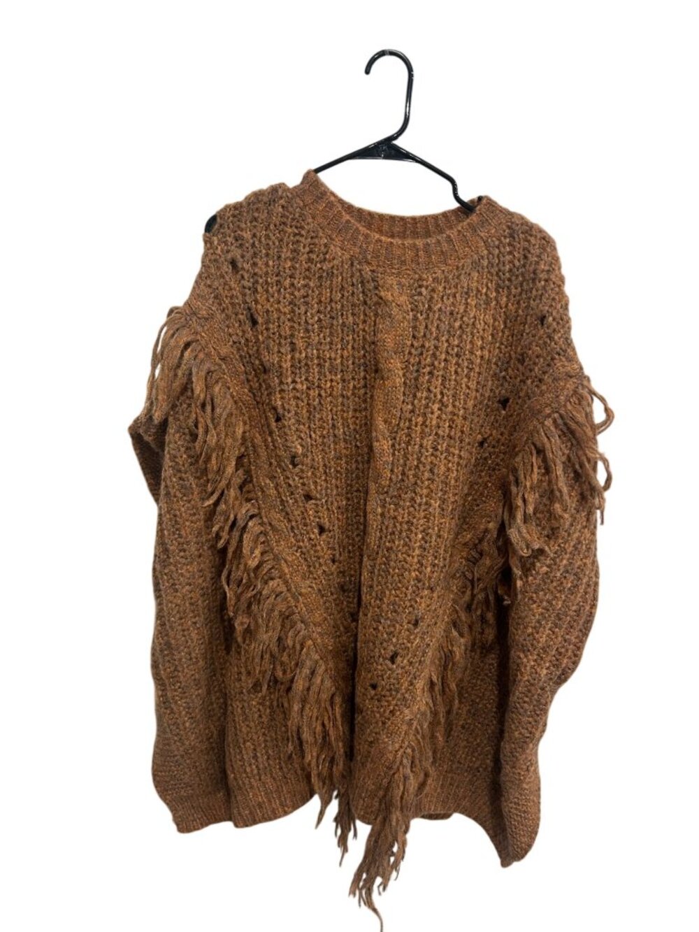 Anthropologie One Size Brown Marled Fringe Knit Sweater Poncho NWT Boho Cozycore